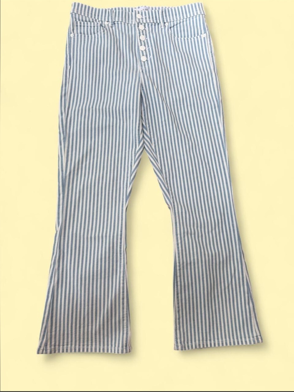 Loft The Kick Crop Blue and White Vertical Stripe Button-Fly Pants Jeans size 8